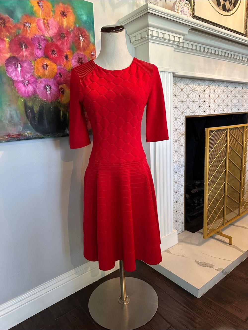Ted Baker London Red Textured Fit-and-Flare Midi Dress